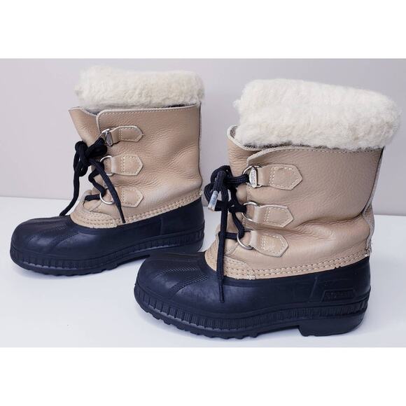 SOREL Kid's Size 2 Insulated Waterproof Winter Snow Boots Leather Rubber Beige - Picture 1 of 16